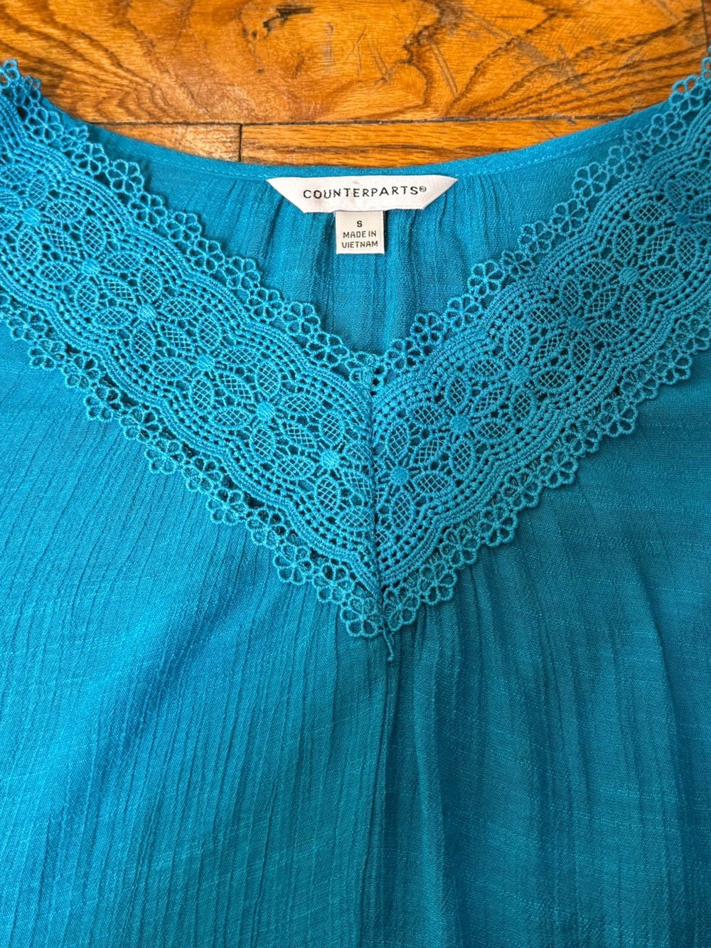 Counterparts Teal Boho Peasant Blouse Lace Trim V-Neck 3/4 Bell Sleeve - Size S - Picture 7 of 16